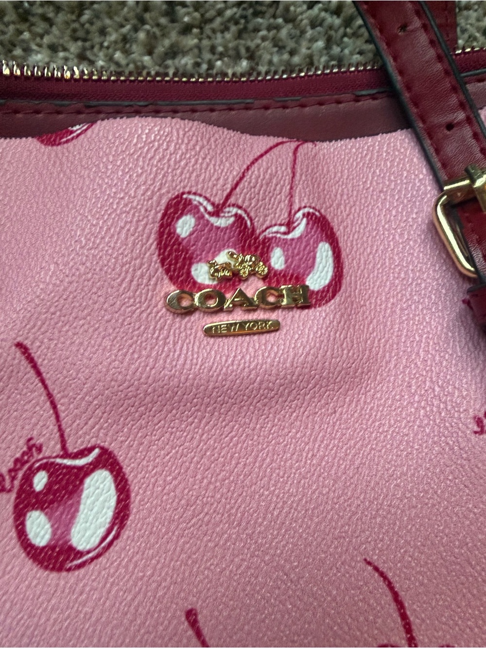Coach Pink Cherry Print Tote with Red Trim - Picture 3 of 6